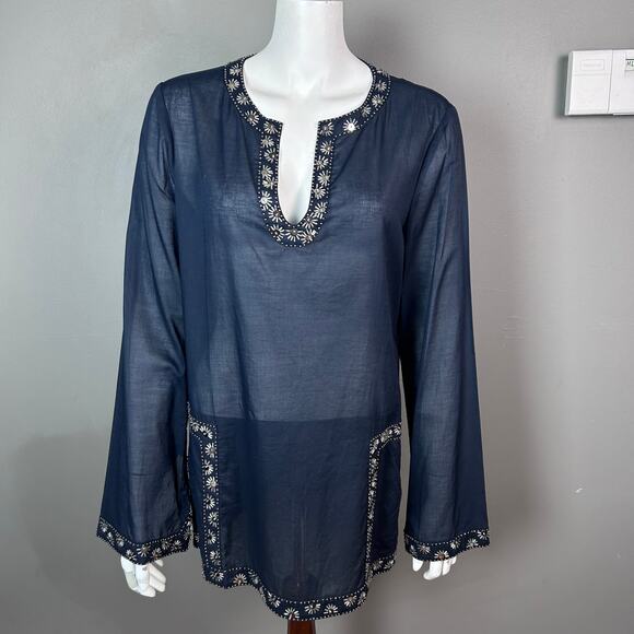 Tory Burch top tunic size 14 NWT blue beaded coverup cotton India boho